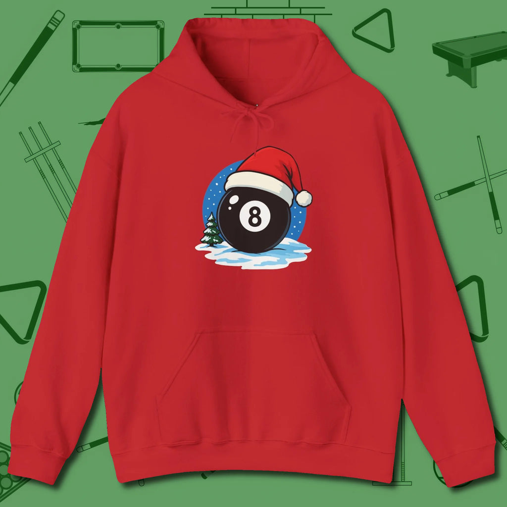 Eight Ball Christmas Hoodie, front view, in Red clean lines for dirty minds