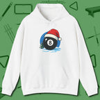 Eight Ball Christmas Hoodie, front view, in White subtle drip for serious shooters