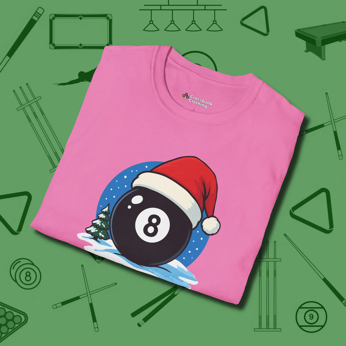Eight Ball Christmas T-Shirt, folded view, in Azalea make every shot — and outfit — count