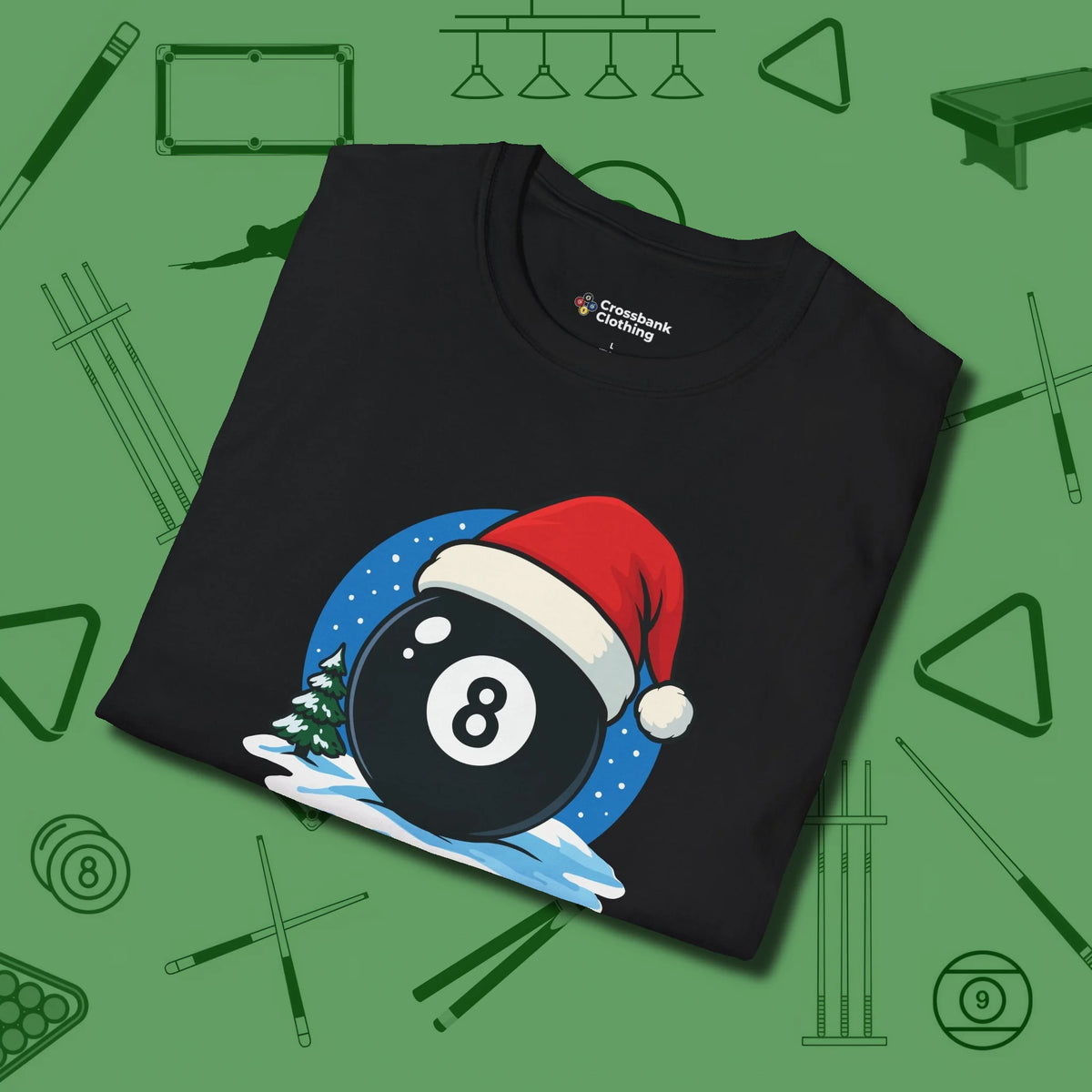 Eight Ball Christmas T-Shirt, folded view, in Black for hustlers who keep it honest