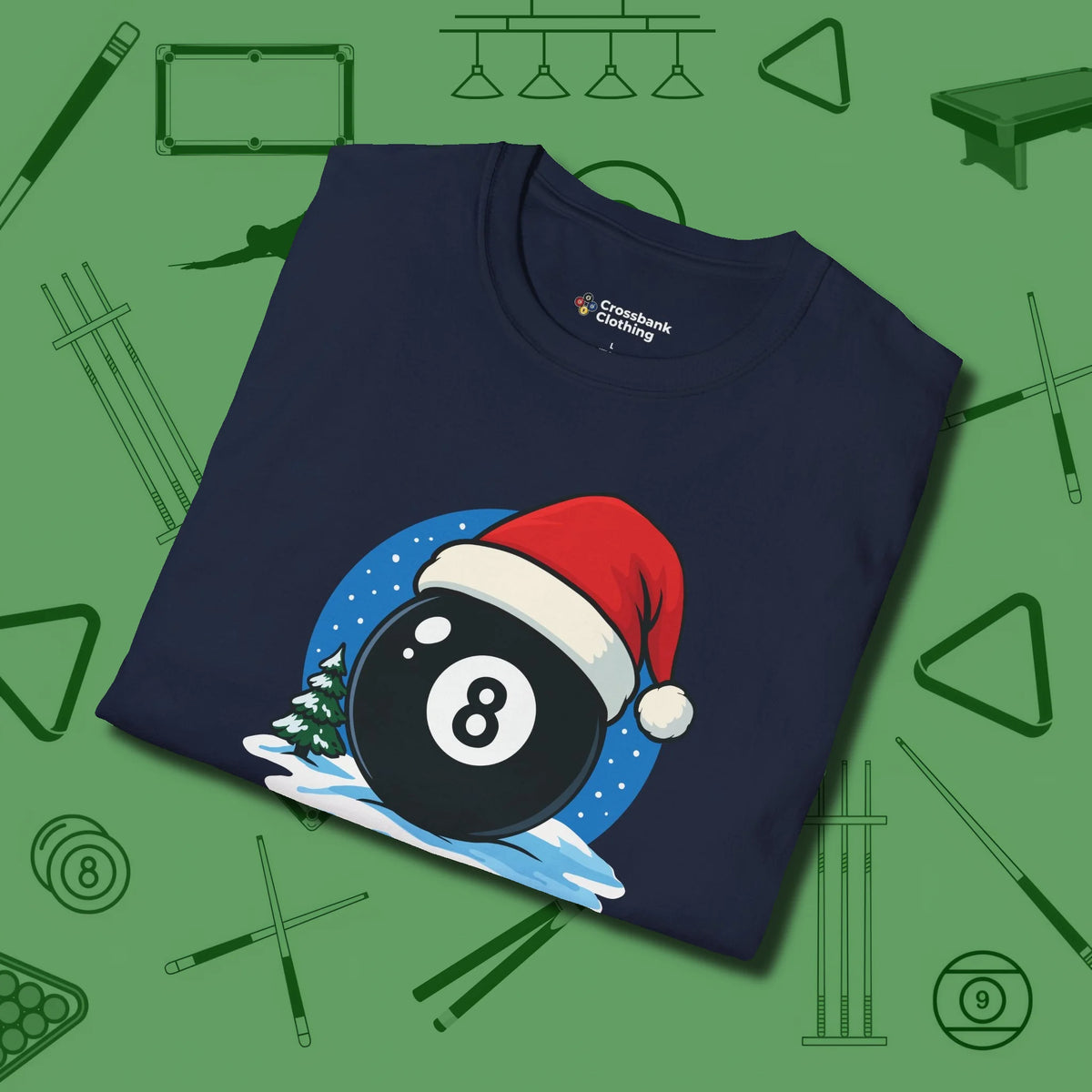 Eight Ball Christmas T-Shirt, folded view, in Navy break, run out, turn heads — repeat