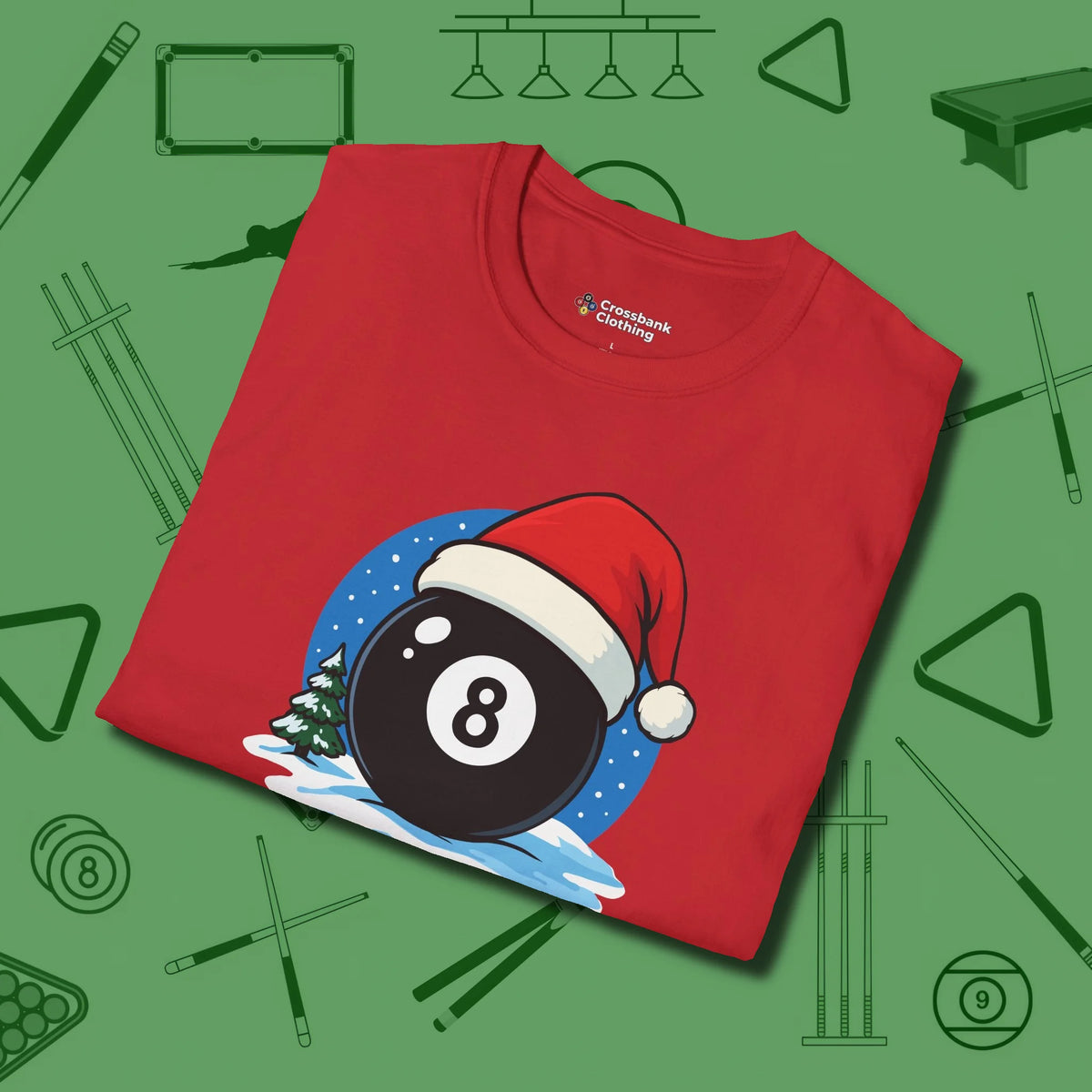 Eight Ball Christmas T-Shirt, folded view, in Red strike fear with swagger and precision