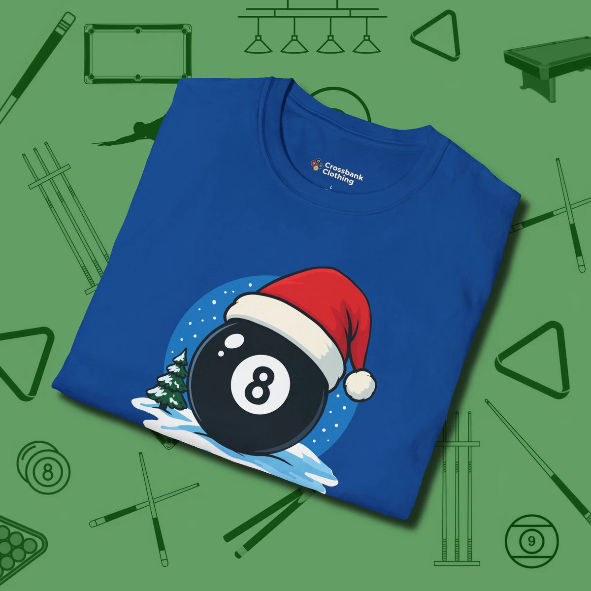 Eight Ball Christmas T-Shirt, folded view, in Royal style that banks as hard as you do
