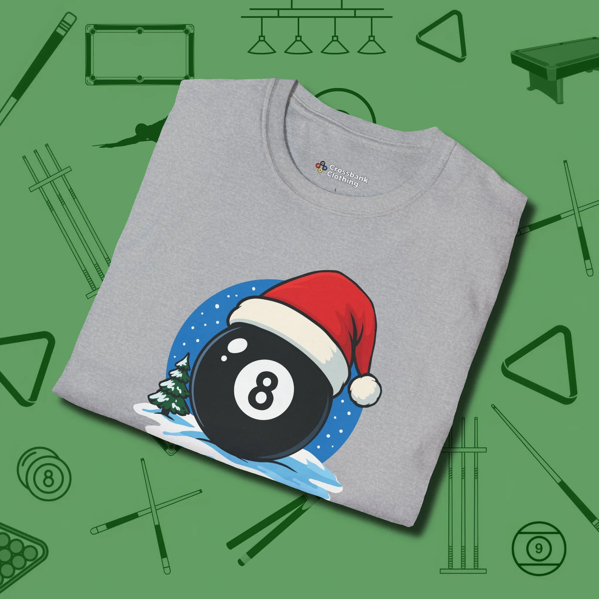 Eight Ball Christmas T-Shirt, folded view, in Sport Grey fashion with break-and-run energy