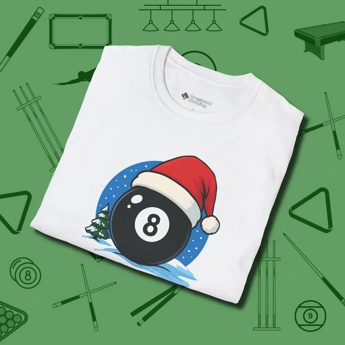 Eight Ball Christmas T-Shirt, folded view, in White cool enough for a corner pocket finish