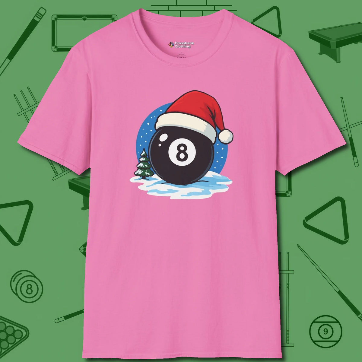 Eight Ball Christmas T-Shirt, front view, in Azalea poolroom style with tournament attitude