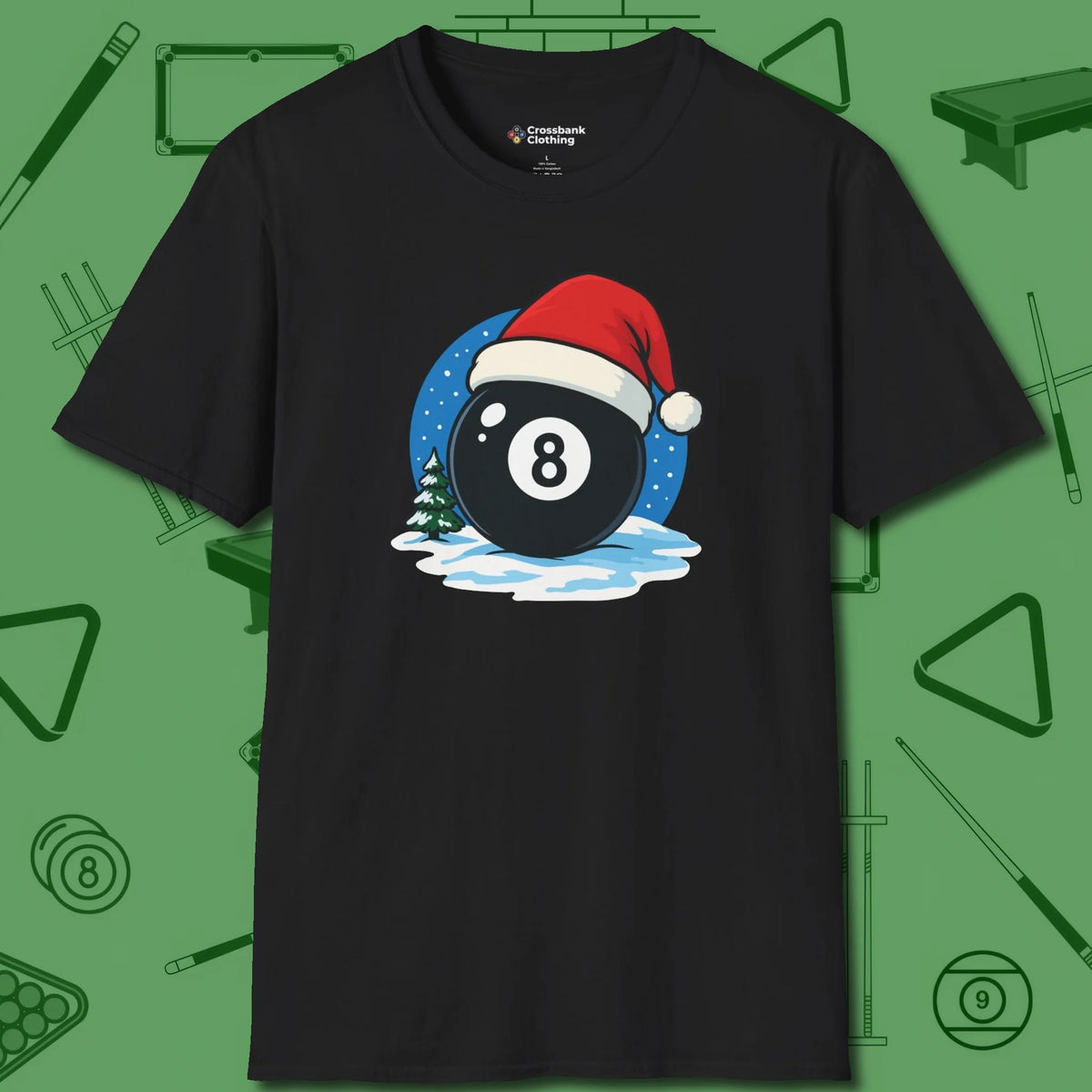 Eight Ball Christmas T-Shirt, front view, in Black what champions wear between racks