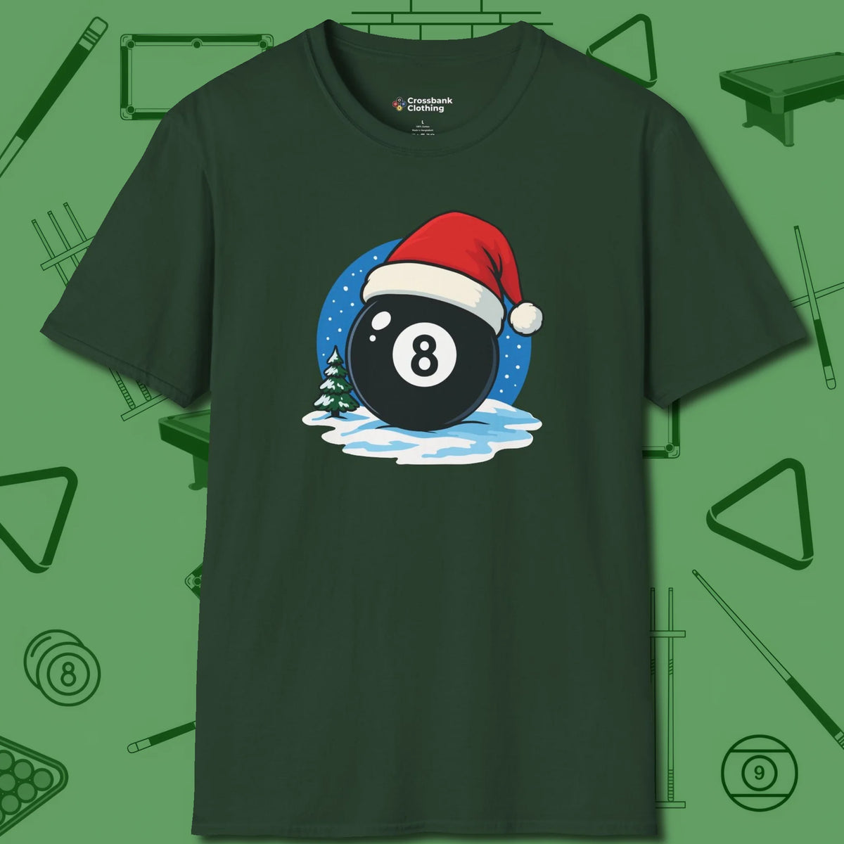 Eight Ball Christmas T-Shirt, front view, in Forest Green stitched for cue discipline and cool confidence