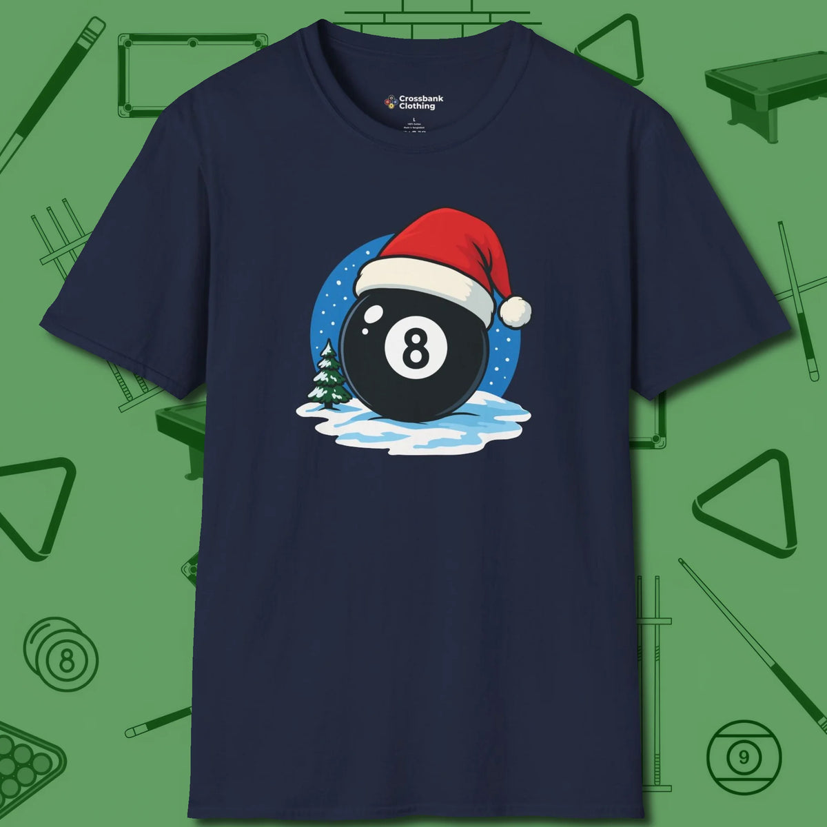 Eight Ball Christmas T-Shirt, front view, in Navy cool under pressure, hot on the eyes