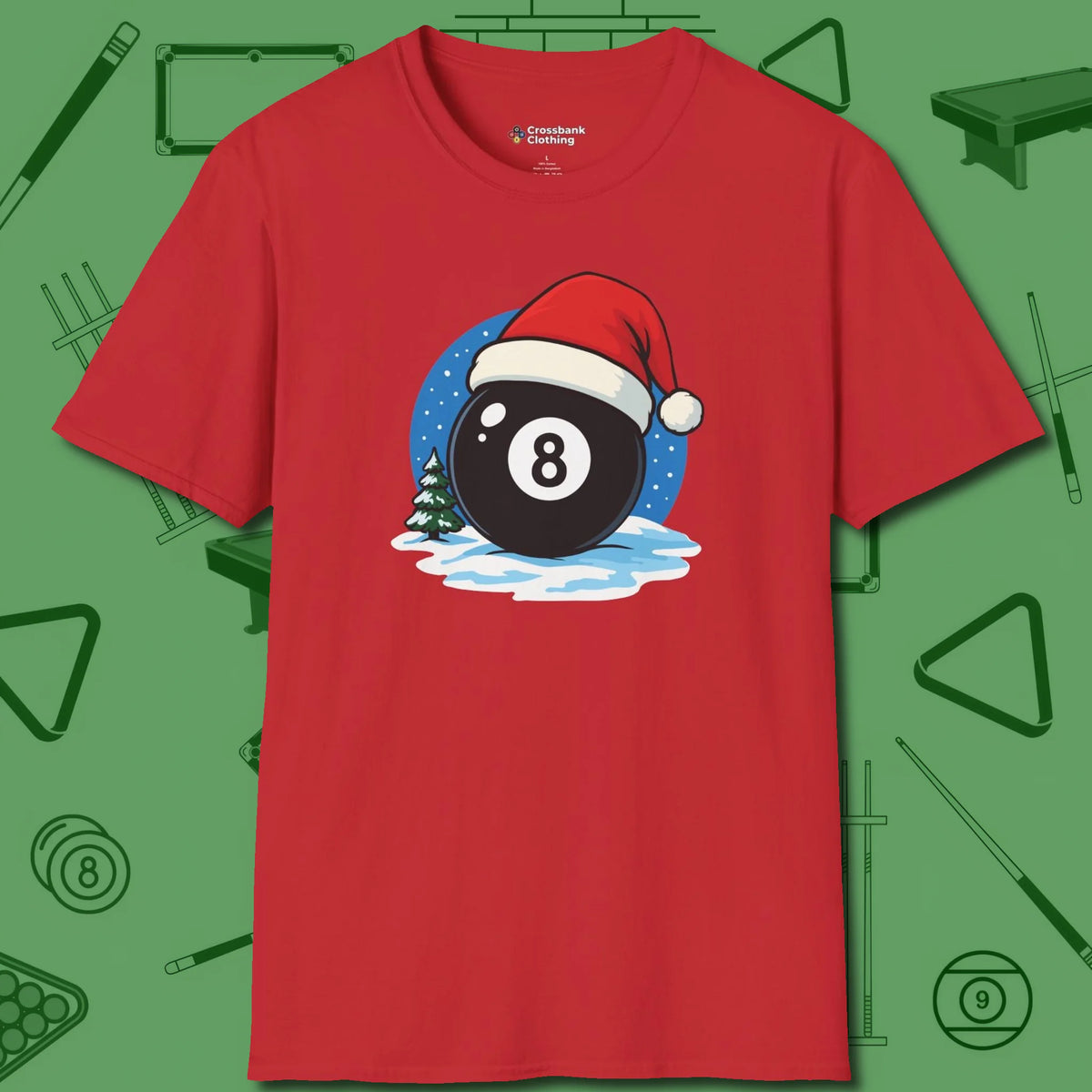 Eight Ball Christmas T-Shirt, front view, in Red confidence stitched in every seam