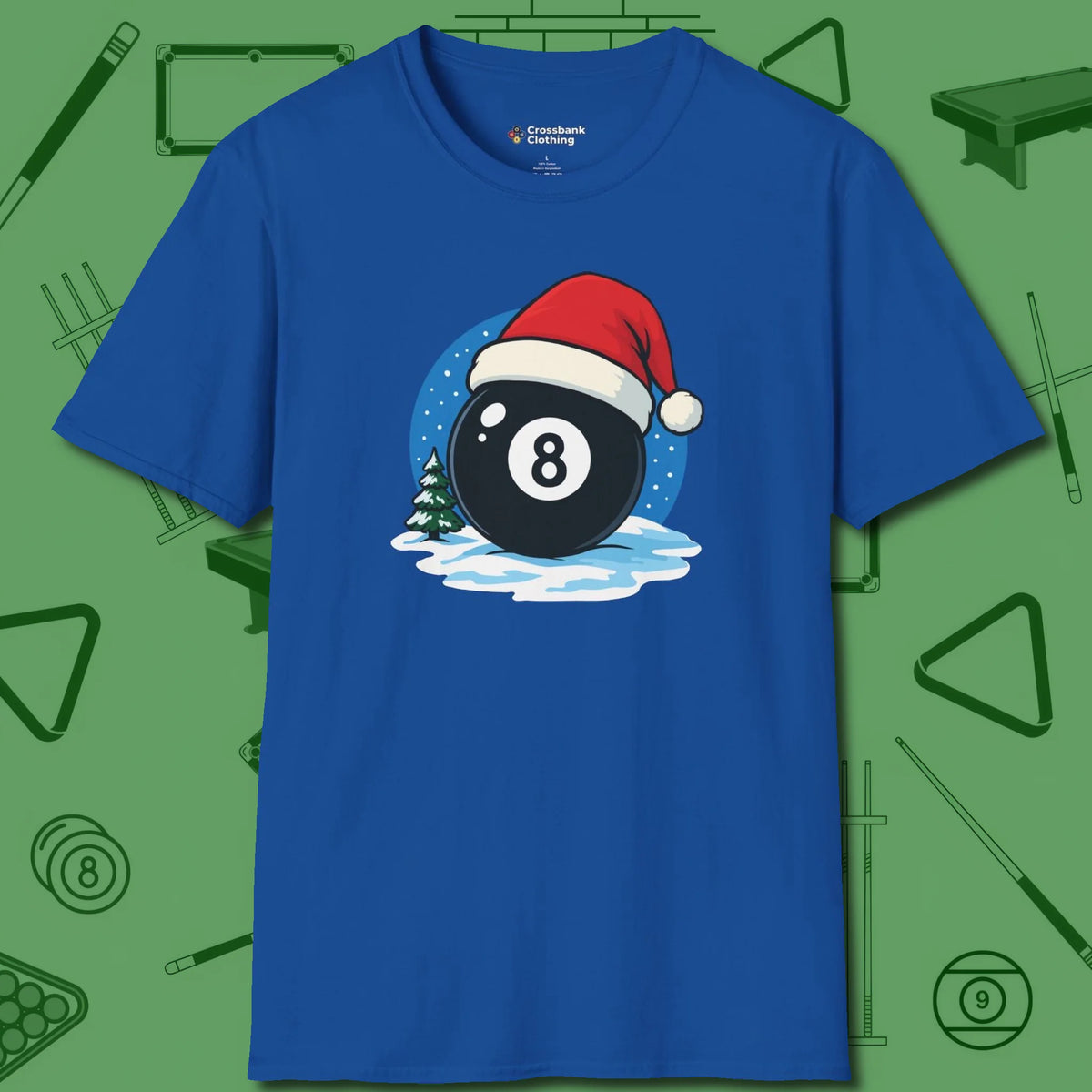 Eight Ball Christmas T-Shirt, front view, in Royal for shooters who dress like they play: sharp