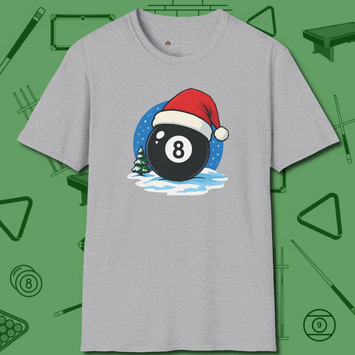 Eight Ball Christmas T-Shirt, front view, in Sport Grey smart apparel for strategic players
