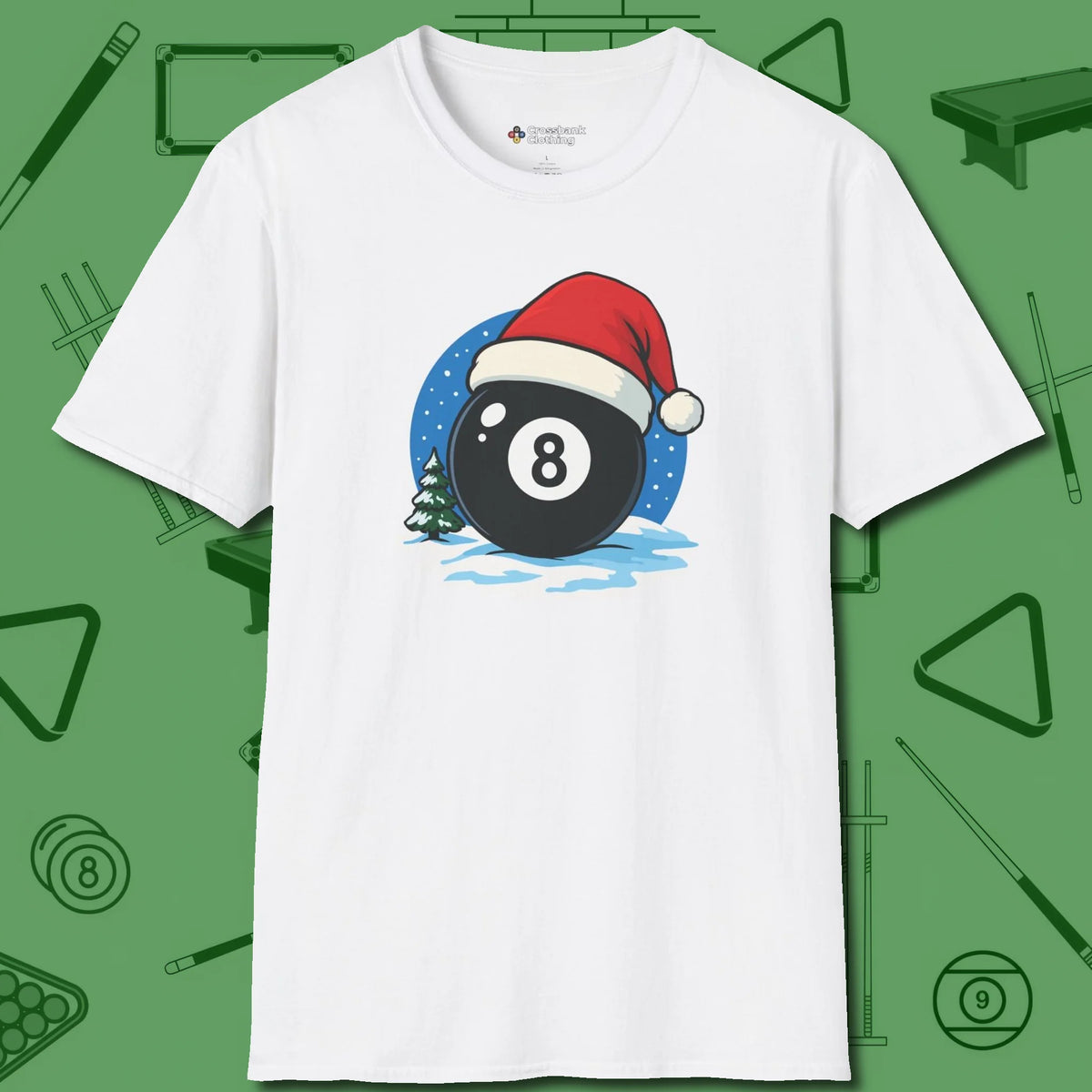 Eight Ball Christmas T-Shirt, front view, in White for shooters who dress like they play: sharp
