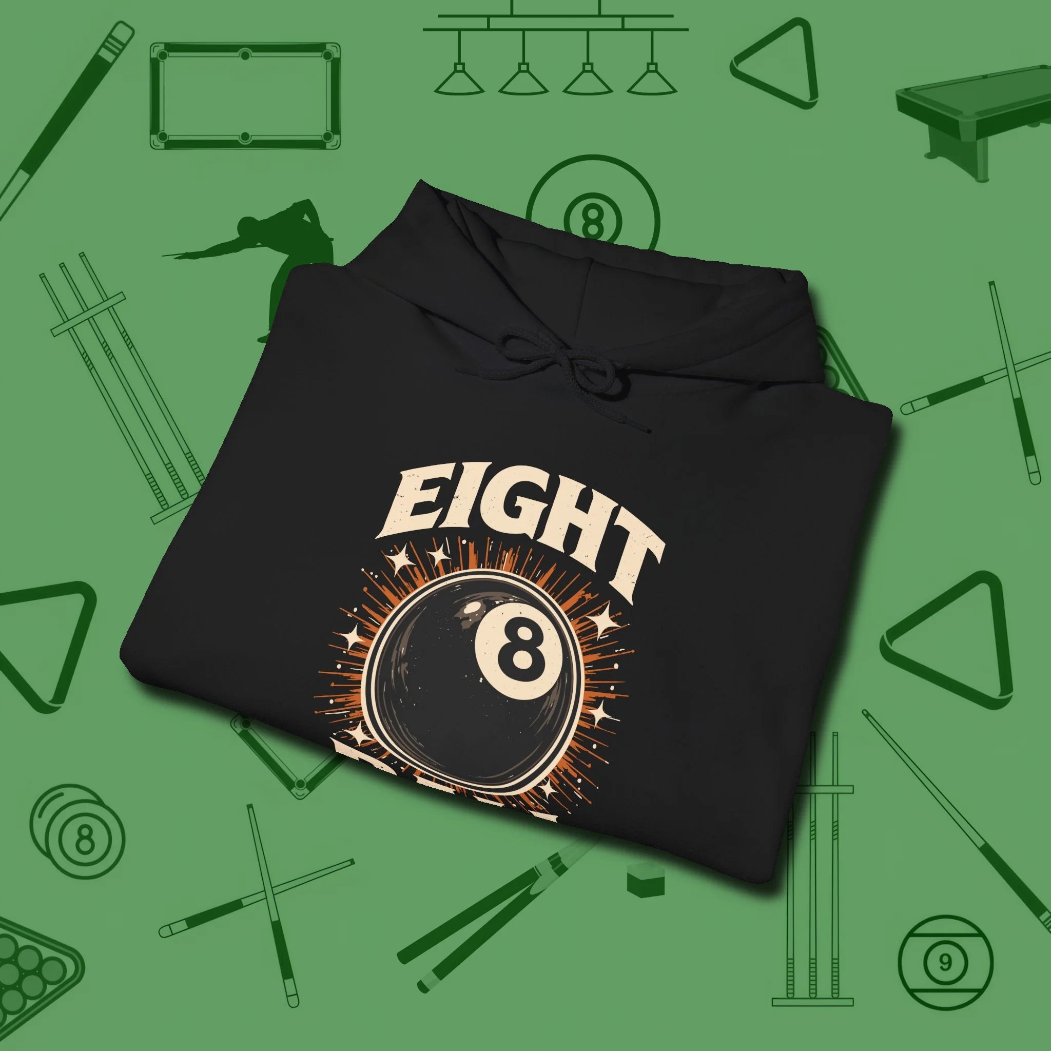 Eight Ball Classic Hoodie, folded view, in Black strike fear with swagger and precision