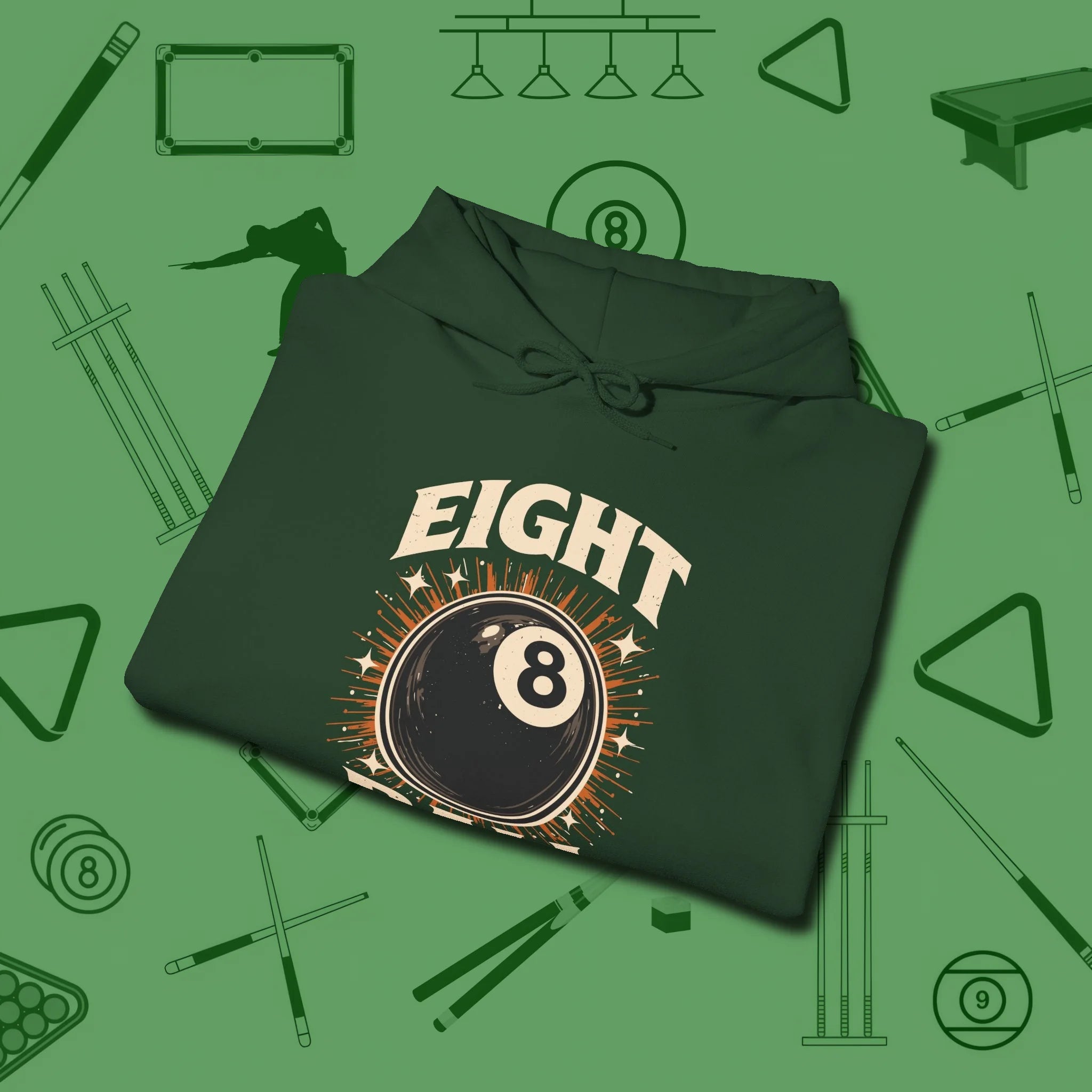 Eight Ball Classic Hoodie, folded view, in Forest Green for hustlers who keep it honest