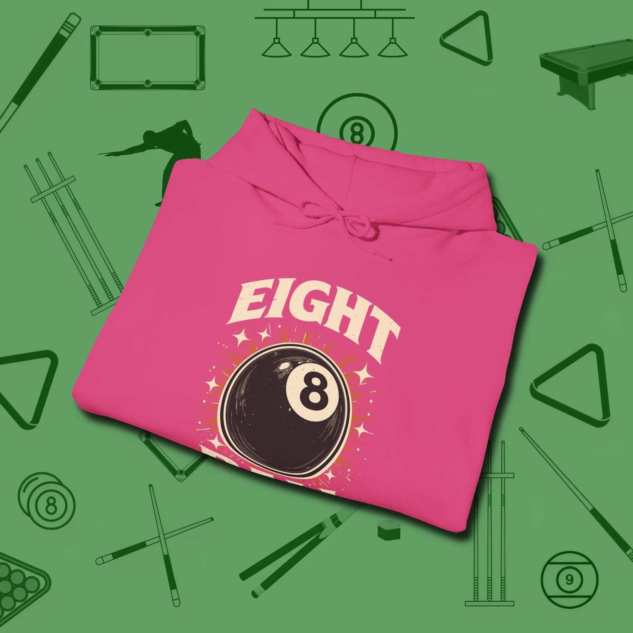 Eight Ball Classic Hoodie, folded view, in Heliconia subtle drip for serious shooters