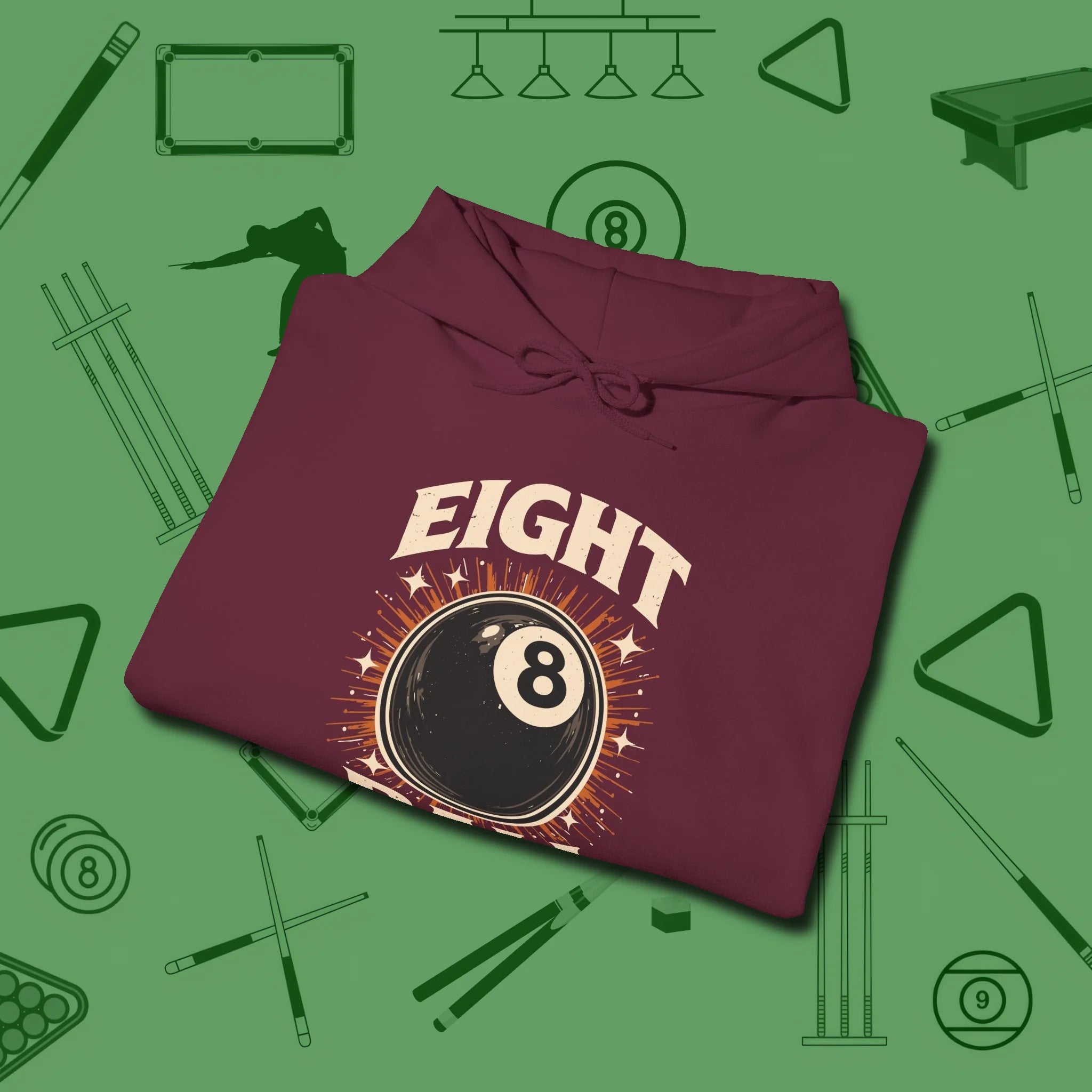 Eight Ball Classic Hoodie, folded view, in Maroon attitude built for the long haul