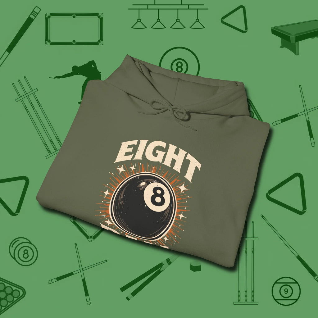 Eight Ball Classic Hoodie, folded view, in Military Green subtle drip for serious shooters
