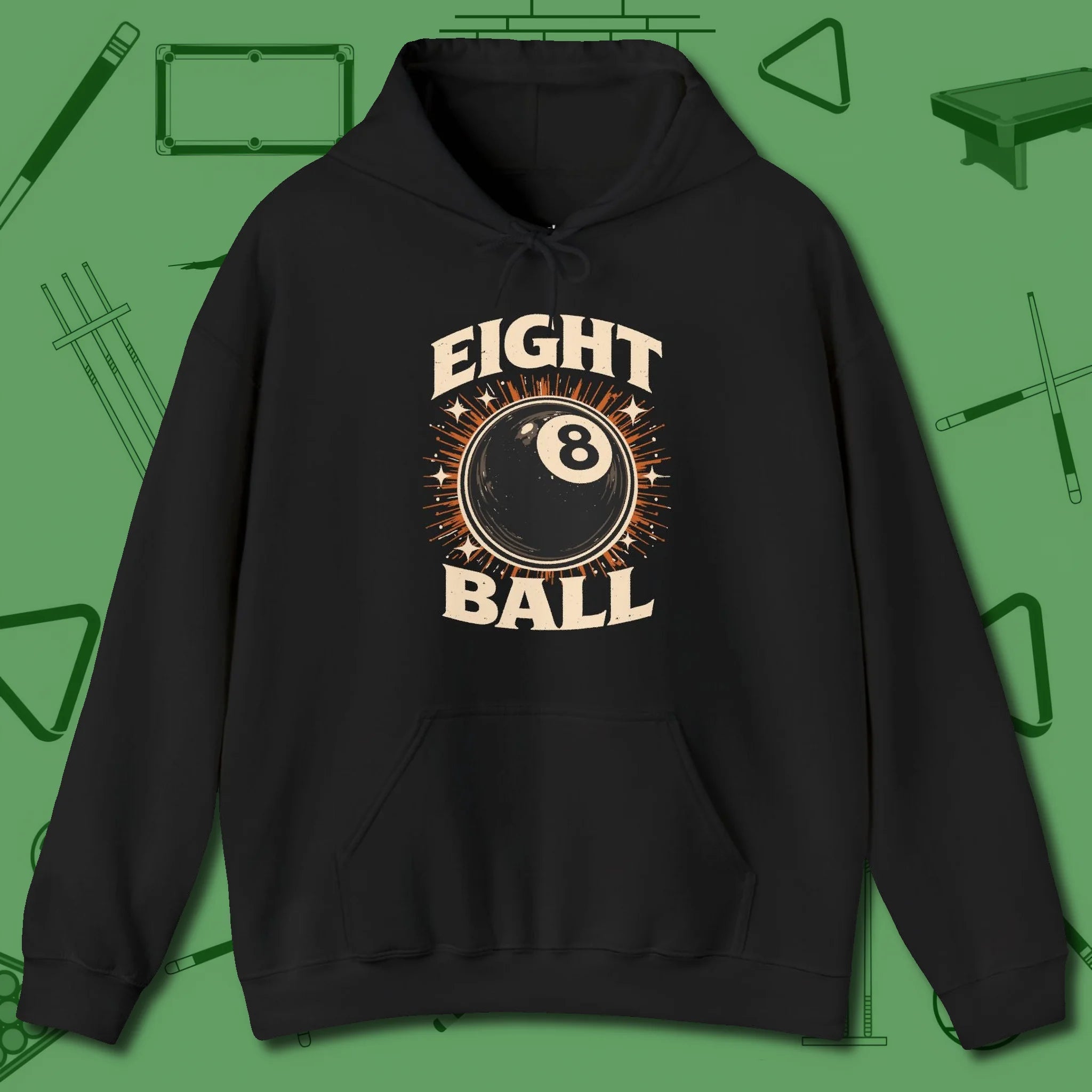 Eight Ball Classic Hoodie, front view, in Black tough like your favorite break cue