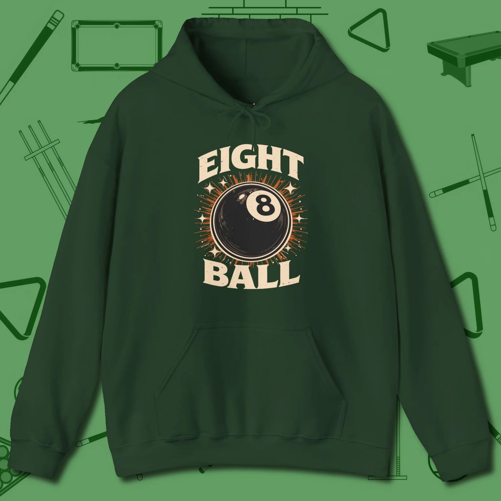 Eight Ball Classic Hoodie, front view, in Forest Green ideal for clean hits and clean fits