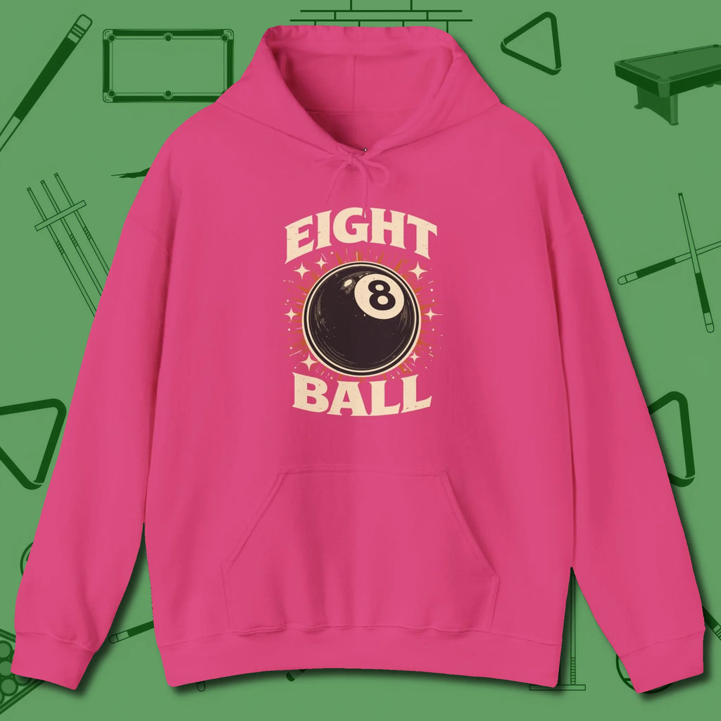 Eight Ball Classic Hoodie, front view, in Heliconia play in style, win in silence