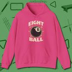 Eight Ball Classic Hoodie, front view, in Heliconia play in style, win in silence