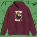 Eight Ball Classic Hoodie, front view, in Maroon classic cue style, no gimmicks