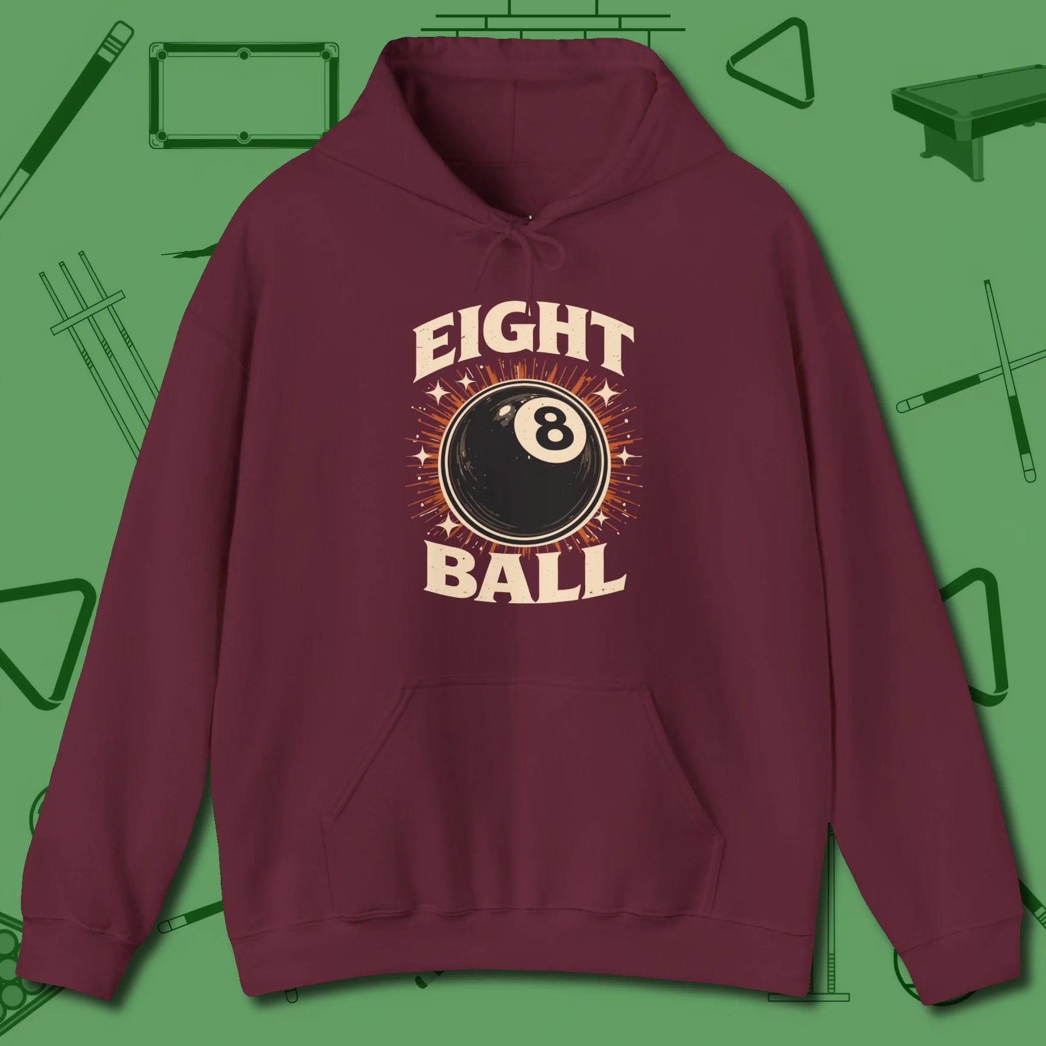 Eight Ball Classic Hoodie, front view, in Maroon classic cue style, no gimmicks