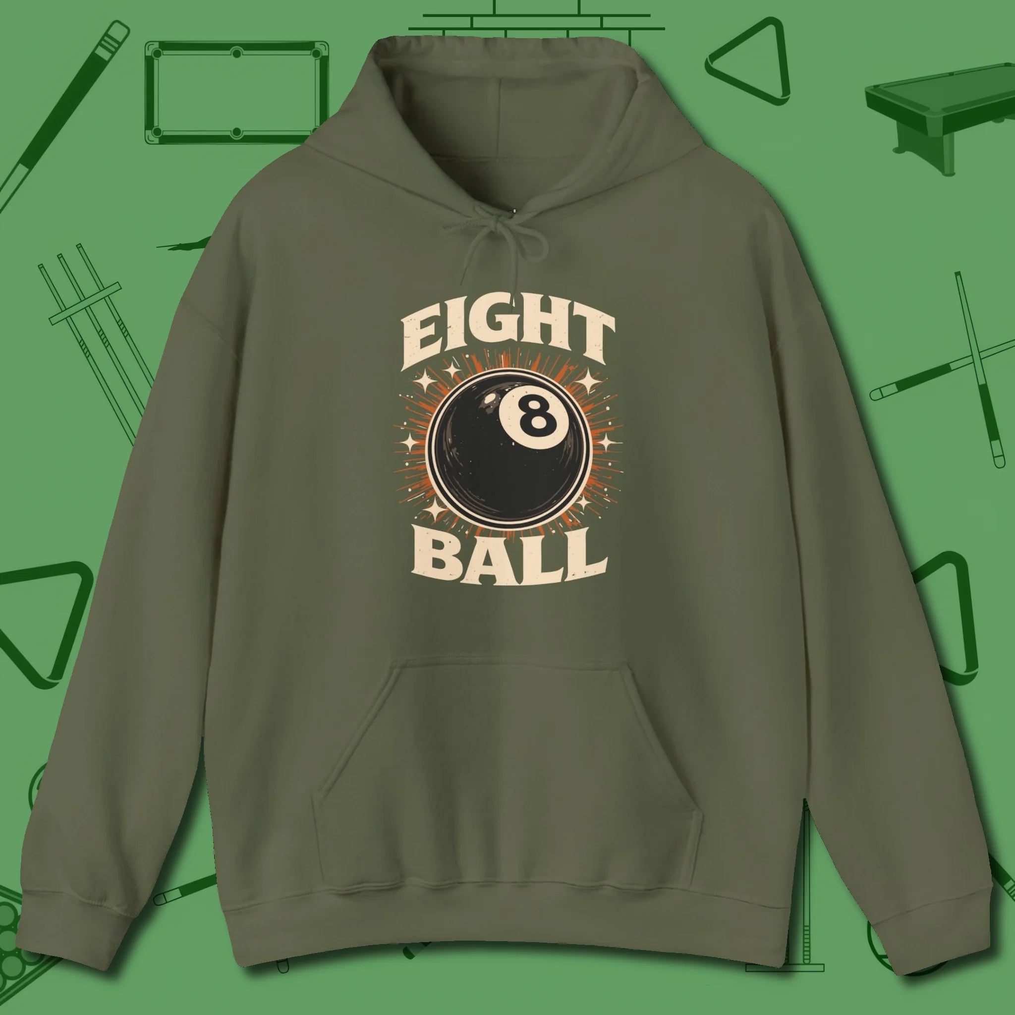 Eight Ball Classic Hoodie, front view, in Military Green what champions wear between racks