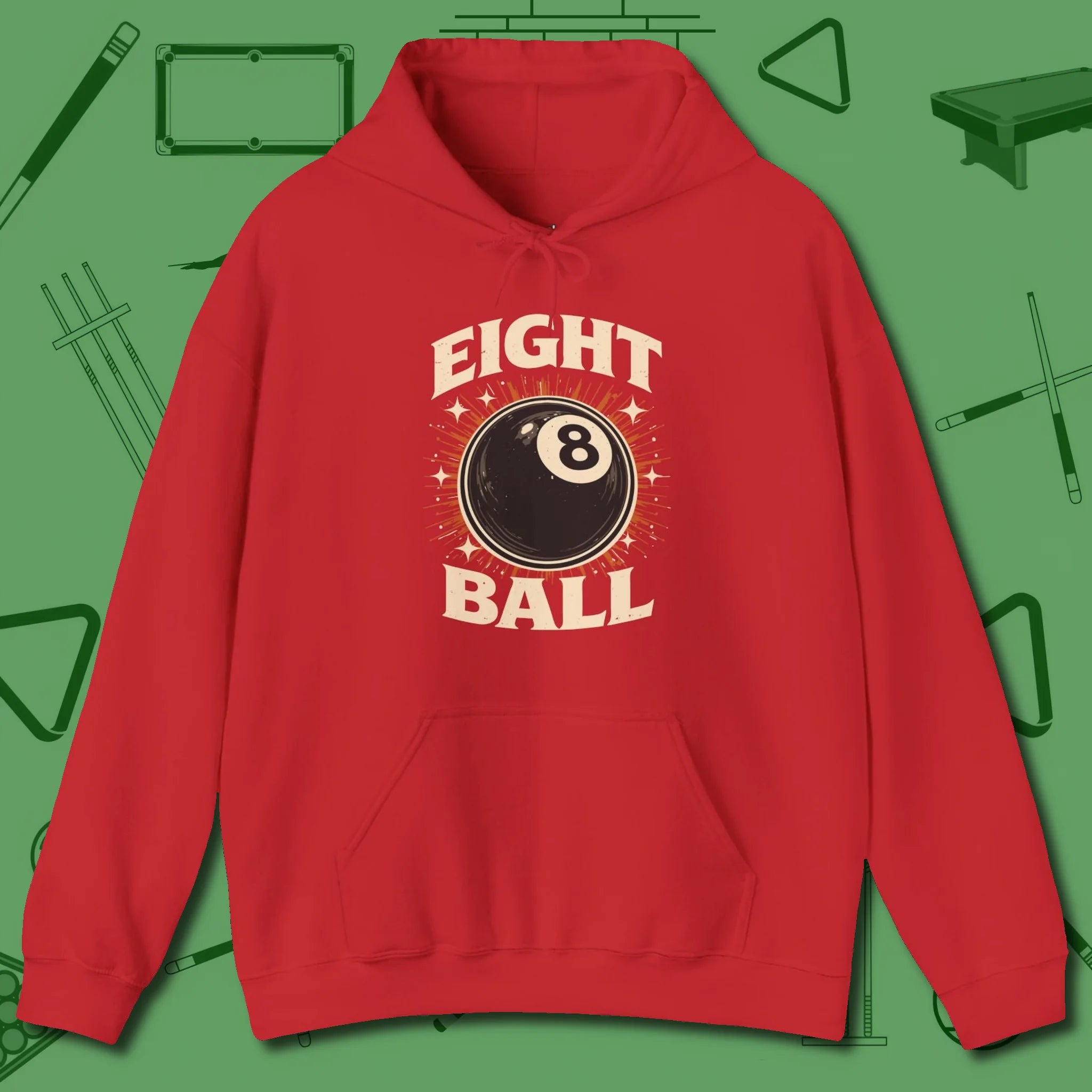 Eight Ball Classic Hoodie, front view, in Red styled to dominate from rack to run-out