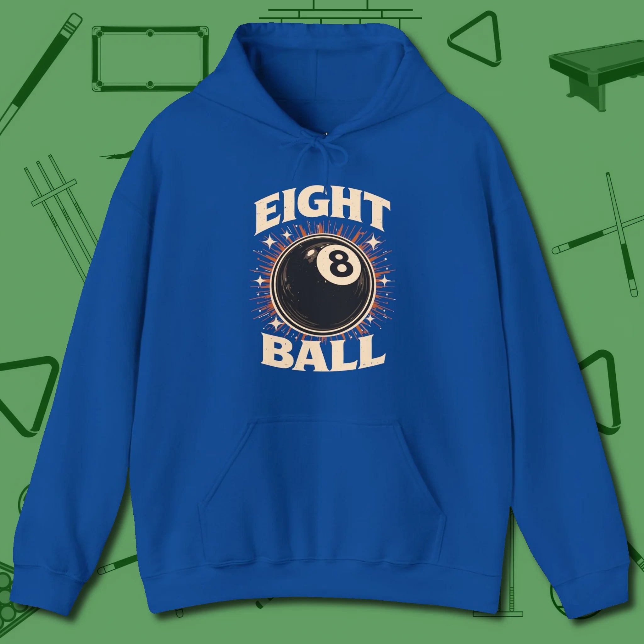 Eight Ball Classic Hoodie, front view, in Royal from chalk to clutch, look the part