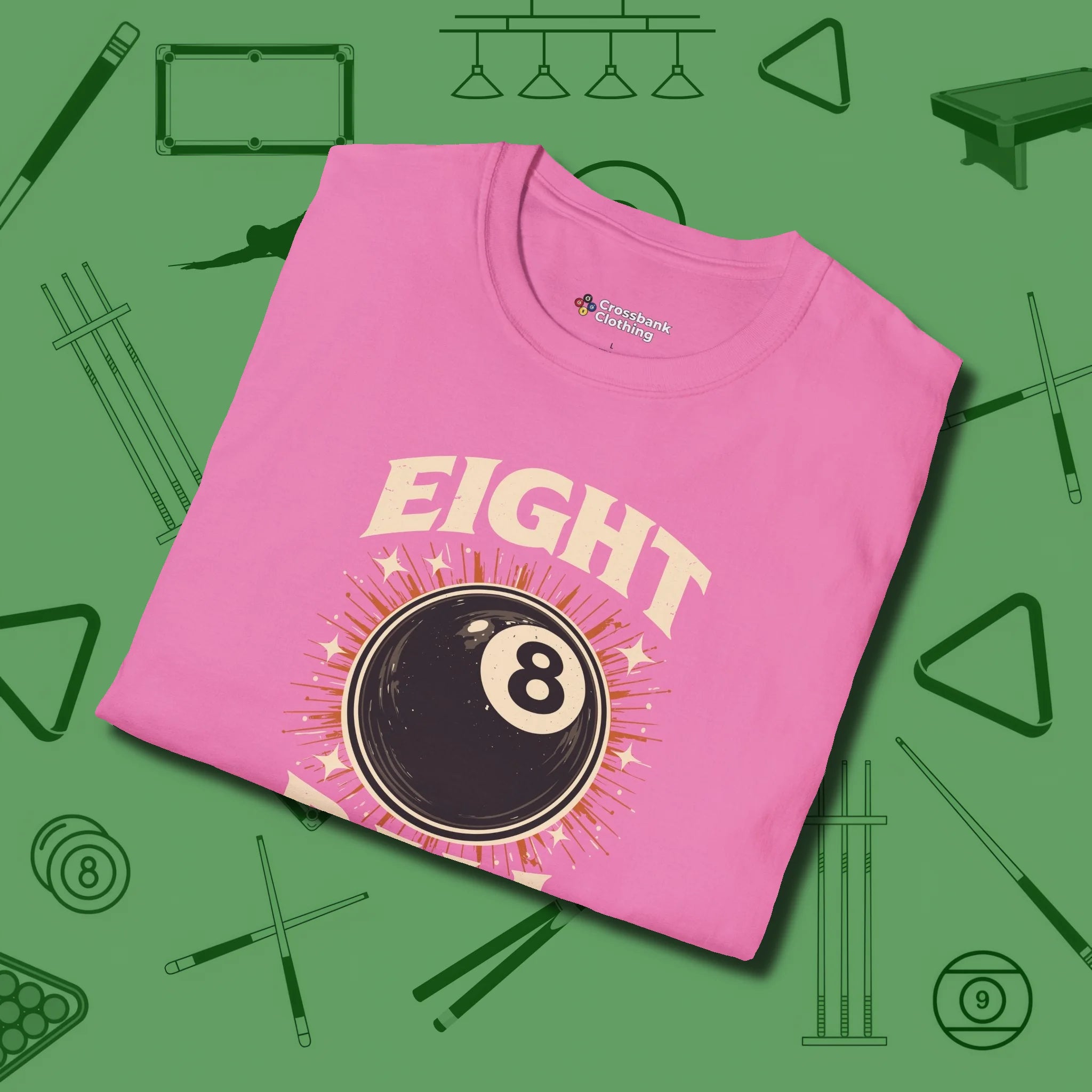 Eight Ball Classic T-Shirt, folded view, in Azalea smart enough for the felt and the street