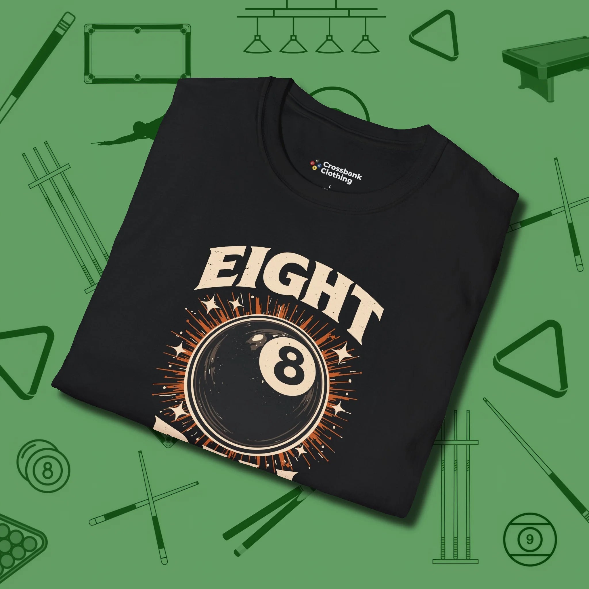 Eight Ball Classic T-Shirt, folded view, in Black helps your stroke and your style
