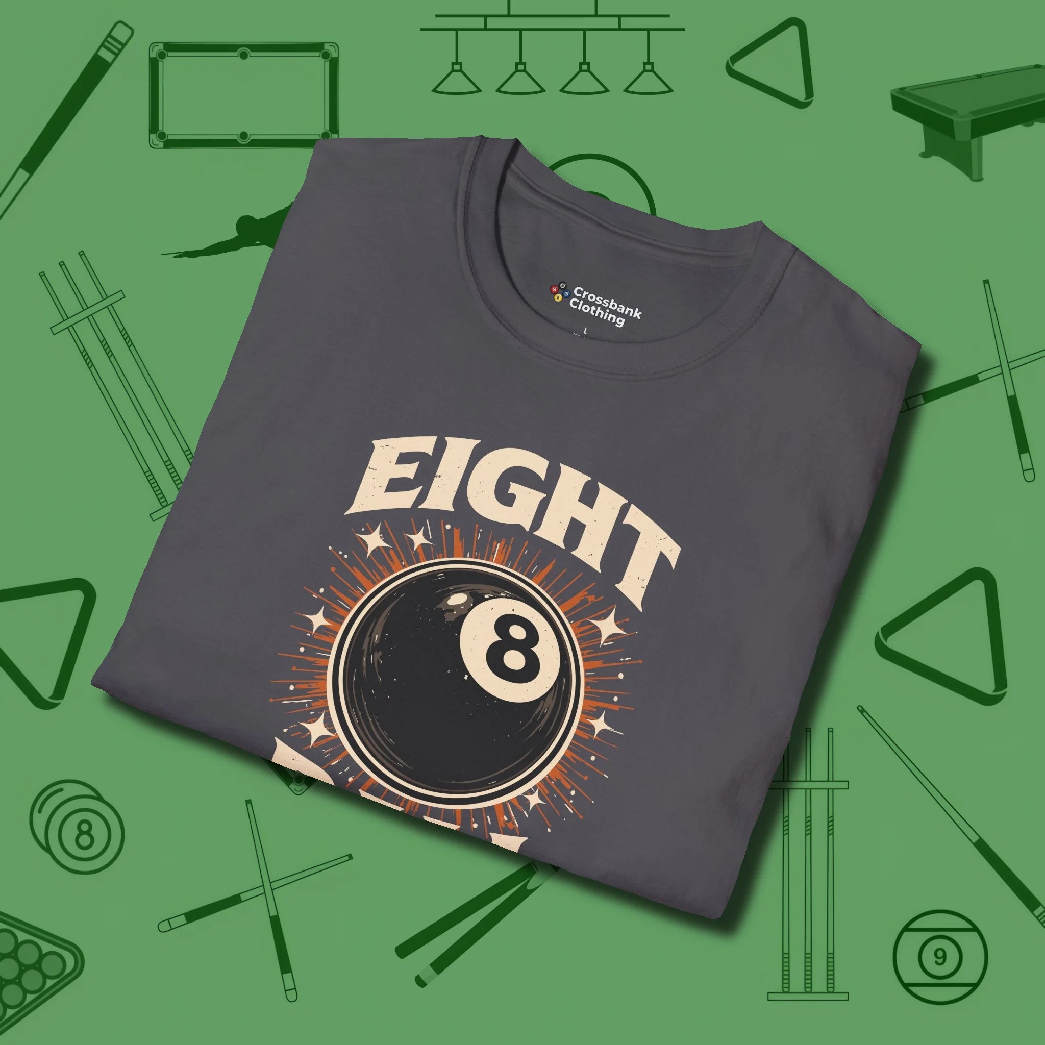 Eight Ball Classic T-Shirt, folded view, in Charcoal an extension of your pool persona
