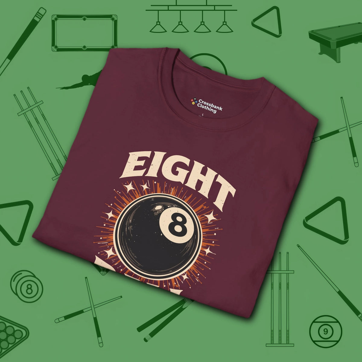 Eight Ball Classic T-Shirt, in Maroon color, billiards shirt, folded view