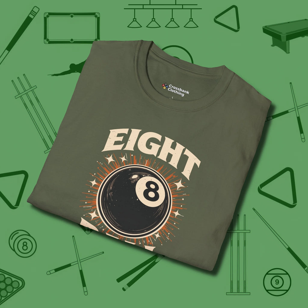 Eight Ball Classic T-Shirt, folded view, in Military Green earns respect before the first shot