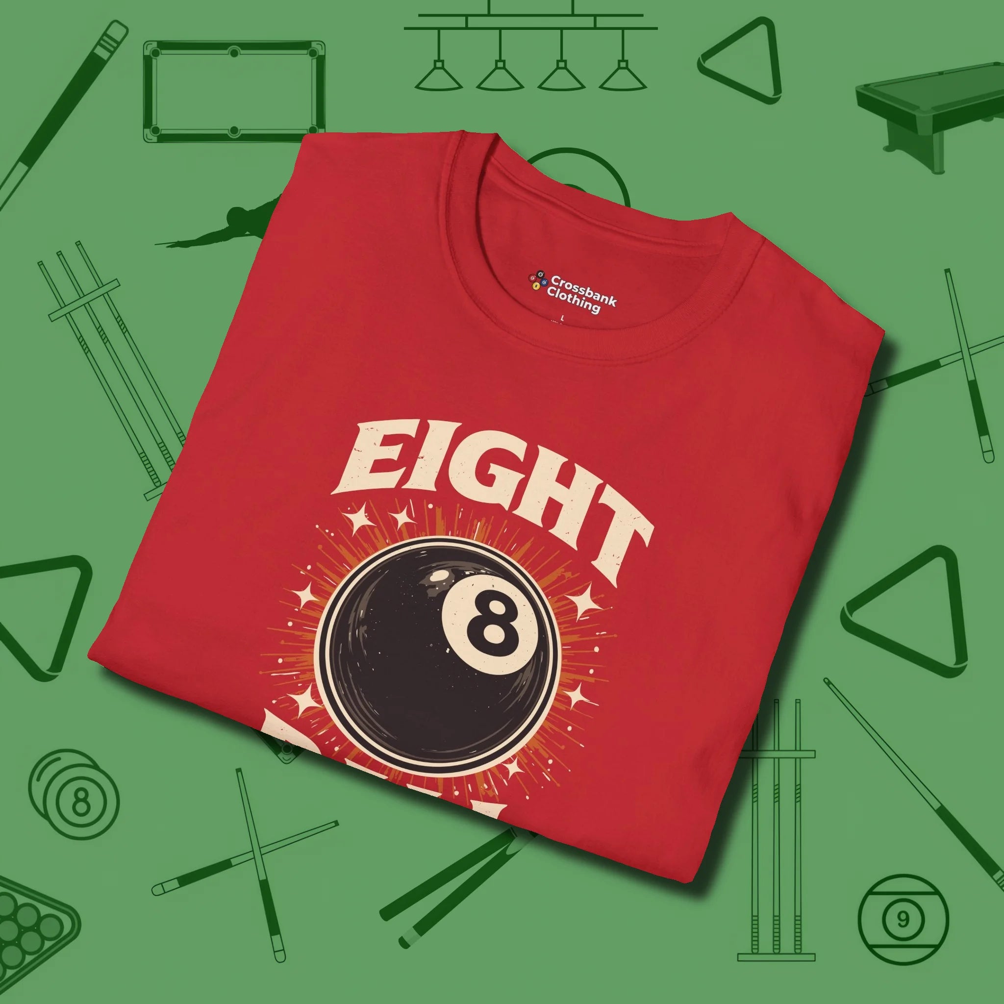 Eight Ball Classic T-Shirt, folded view, in Red as serious as your stroke