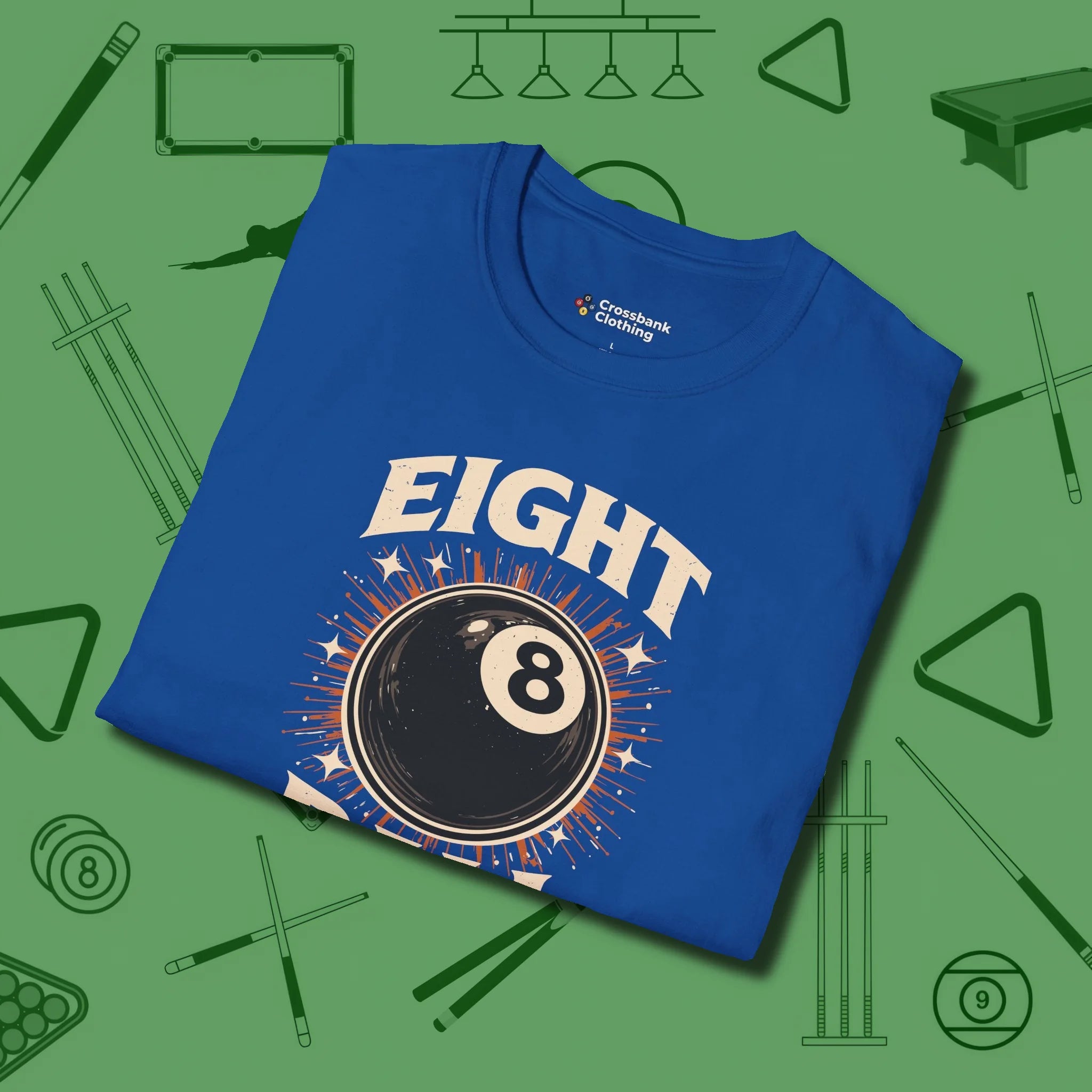 Eight Ball Classic T-Shirt, folded view, in Royal smart enough for the felt and the street