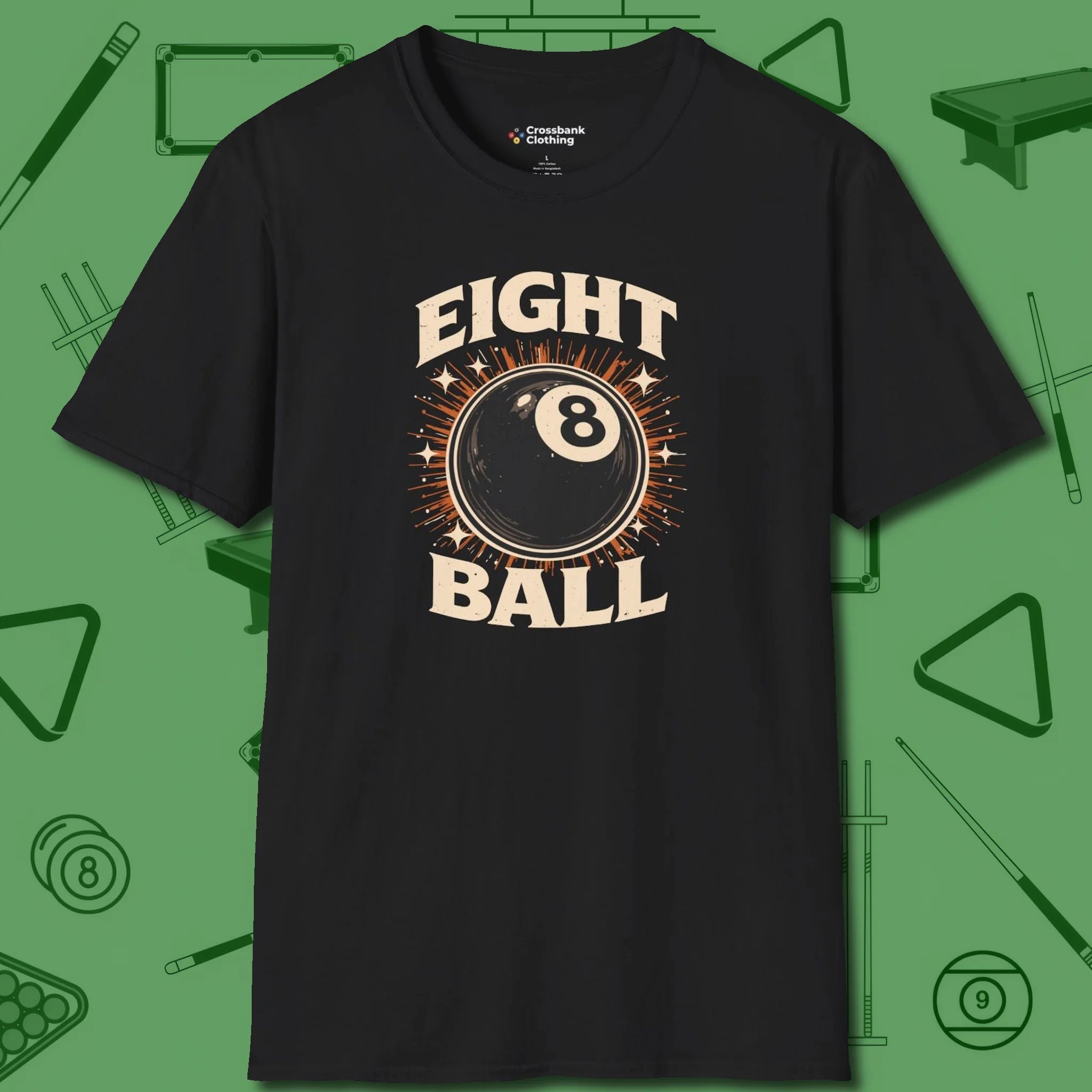 Eight Ball Classic T-Shirt, front view, in Black clean lines for dirty minds