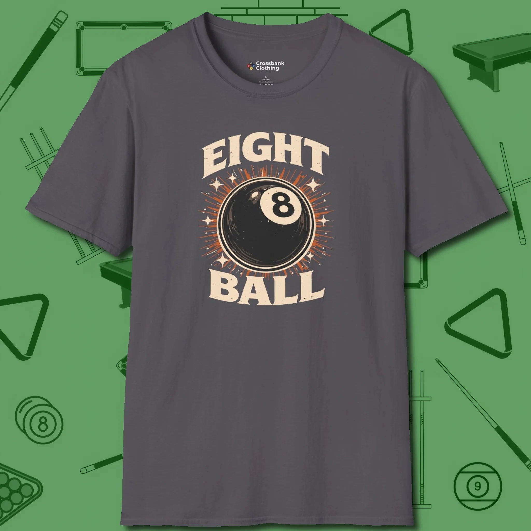 Eight Ball Classic T-Shirt, front view, in Charcoal perfect for players with quiet fire