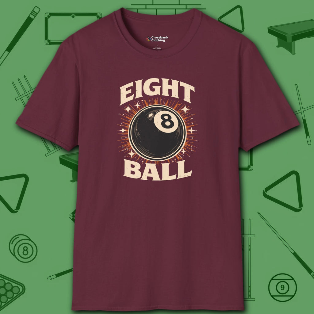 Eight Ball Classic T-Shirt, in Maroon color, billiards shirt, front view
