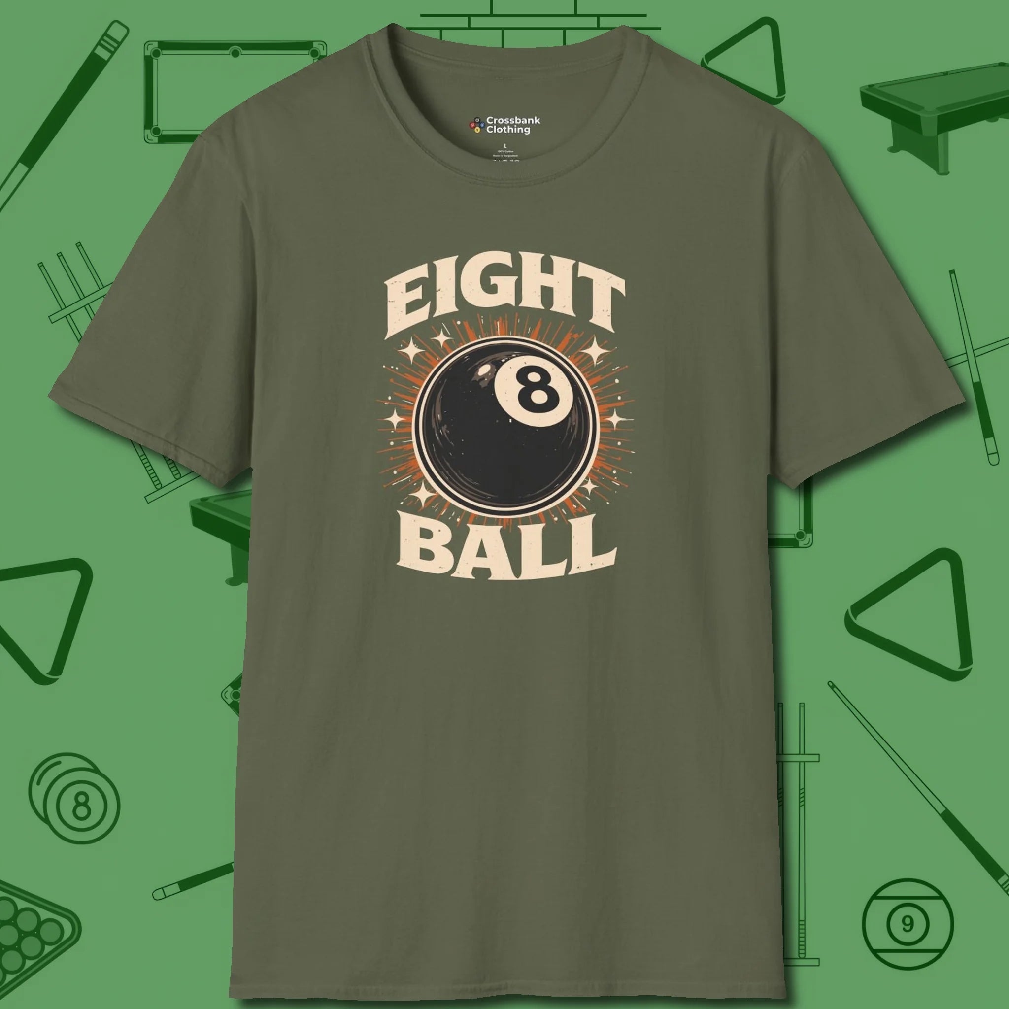 Eight Ball Classic T-Shirt, front view, in Military Green from chalk to clutch, look the part