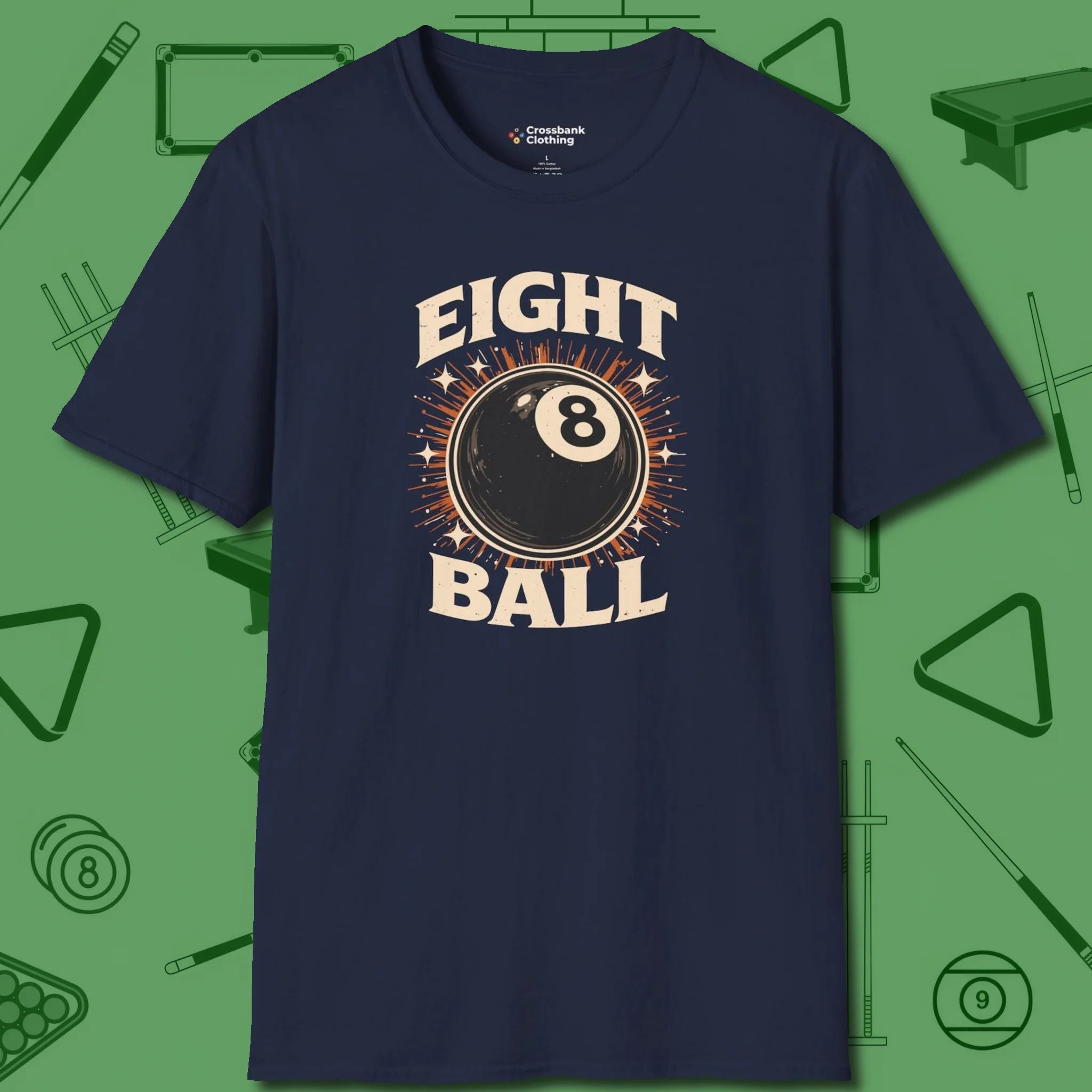 Eight Ball Classic T-Shirt, front view, in Navy what champions wear between racks