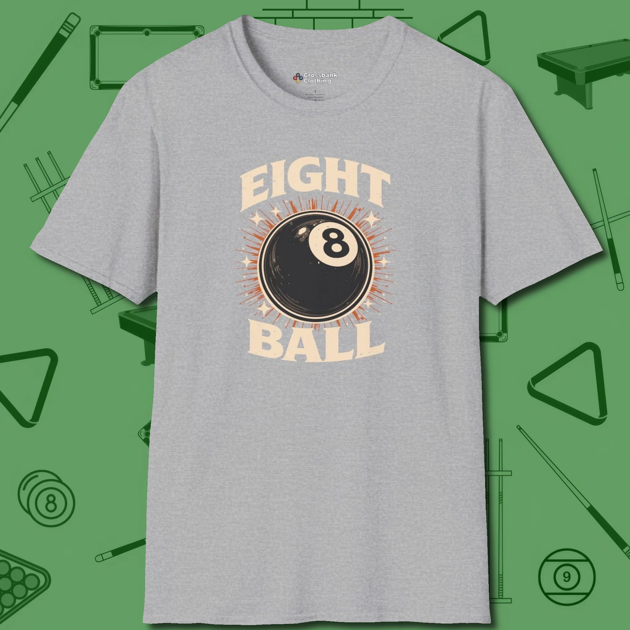 Eight Ball Classic T-Shirt, front view, in Sport Grey cool enough for a corner pocket finish