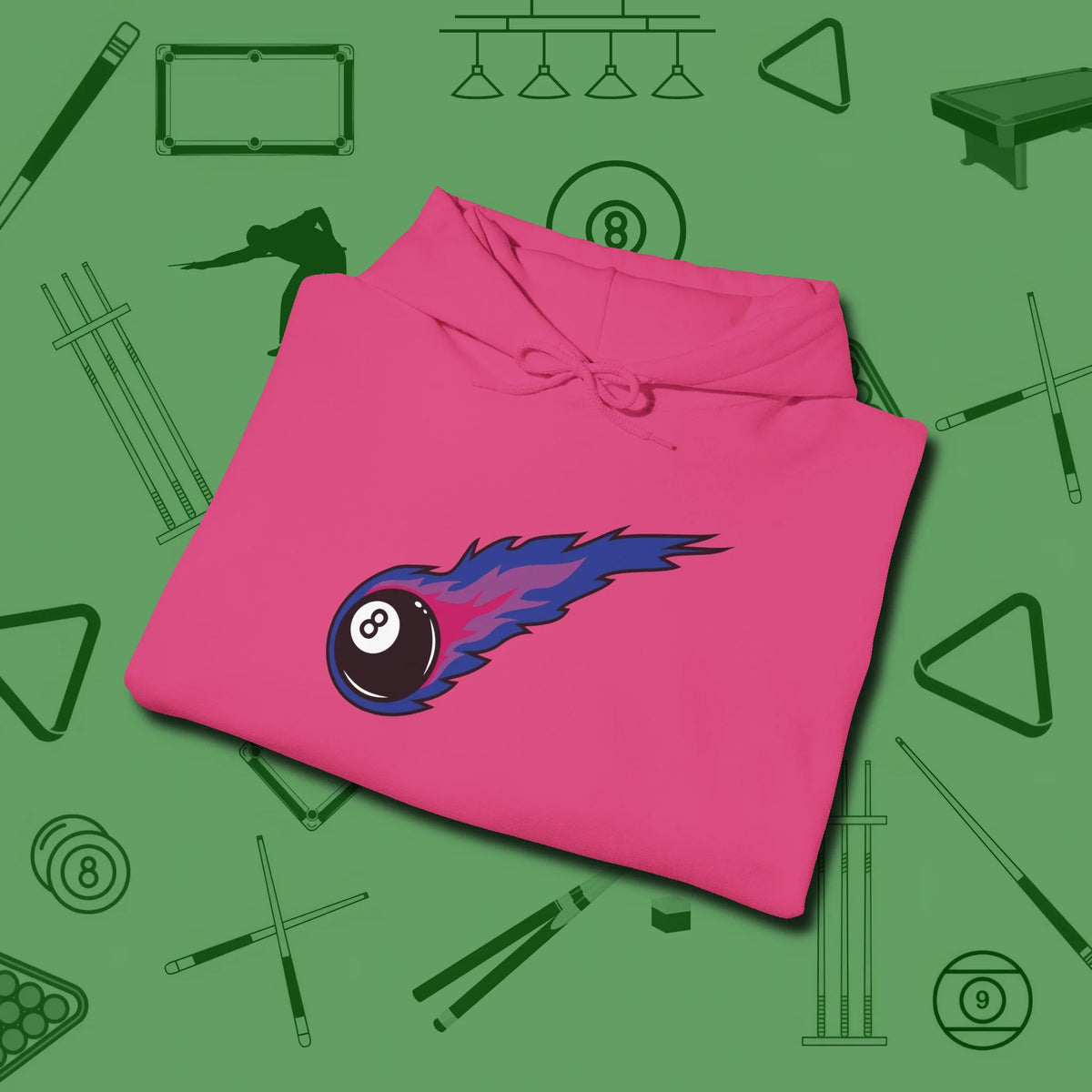 Eight Ball Comet Hoodie, folded view, in Heliconia precise, confident, always in control