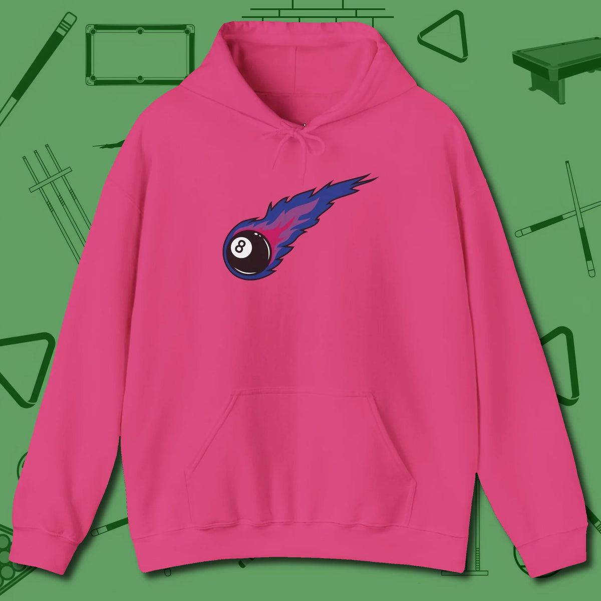 Eight Ball Comet Hoodie, front view, in Heliconia stitched for cue discipline and cool confidence