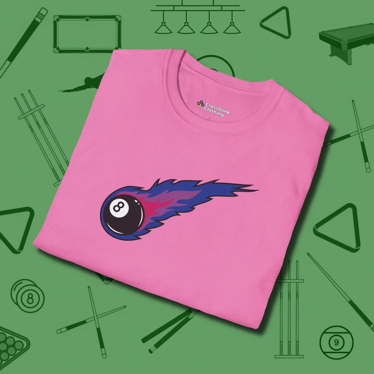 Eight Ball Comet T-Shirt, folded view, in Azalea what champions wear between racks