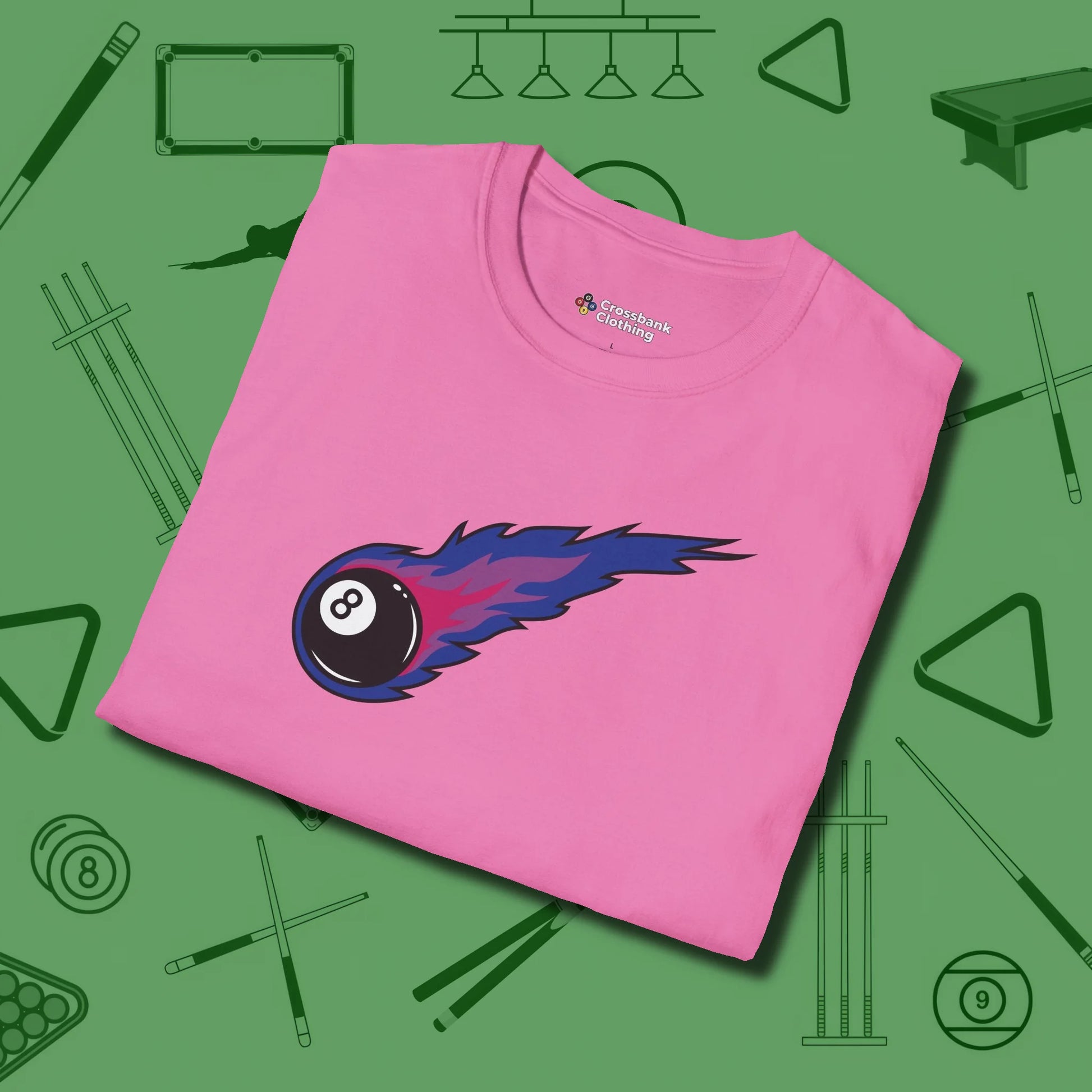 Eight Ball Comet T-Shirt, folded view, in Azalea what champions wear between racks