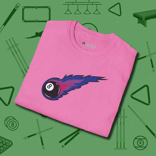 Eight Ball Comet T-Shirt, folded view, in Azalea what champions wear between racks