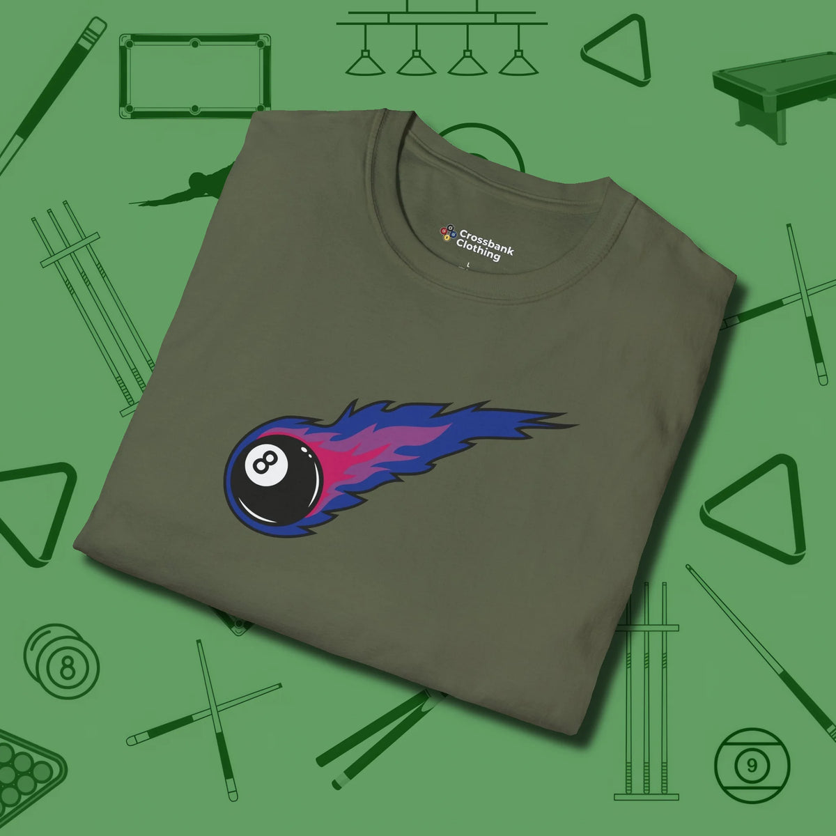 Eight Ball Comet T-Shirt, folded view, in Military Green look good while calling your pocket